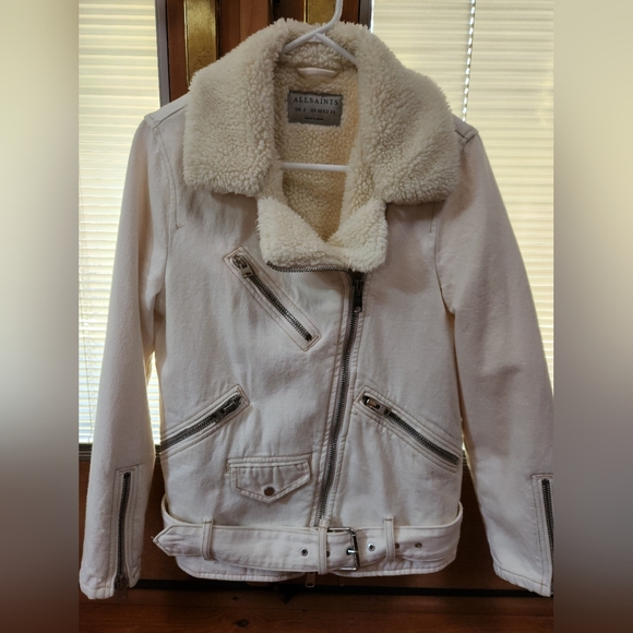AllSaints Oversized Denim Biker Jacket With ChunkyZips and Faux Sherpa Lining 00 - Picture 2 of 7